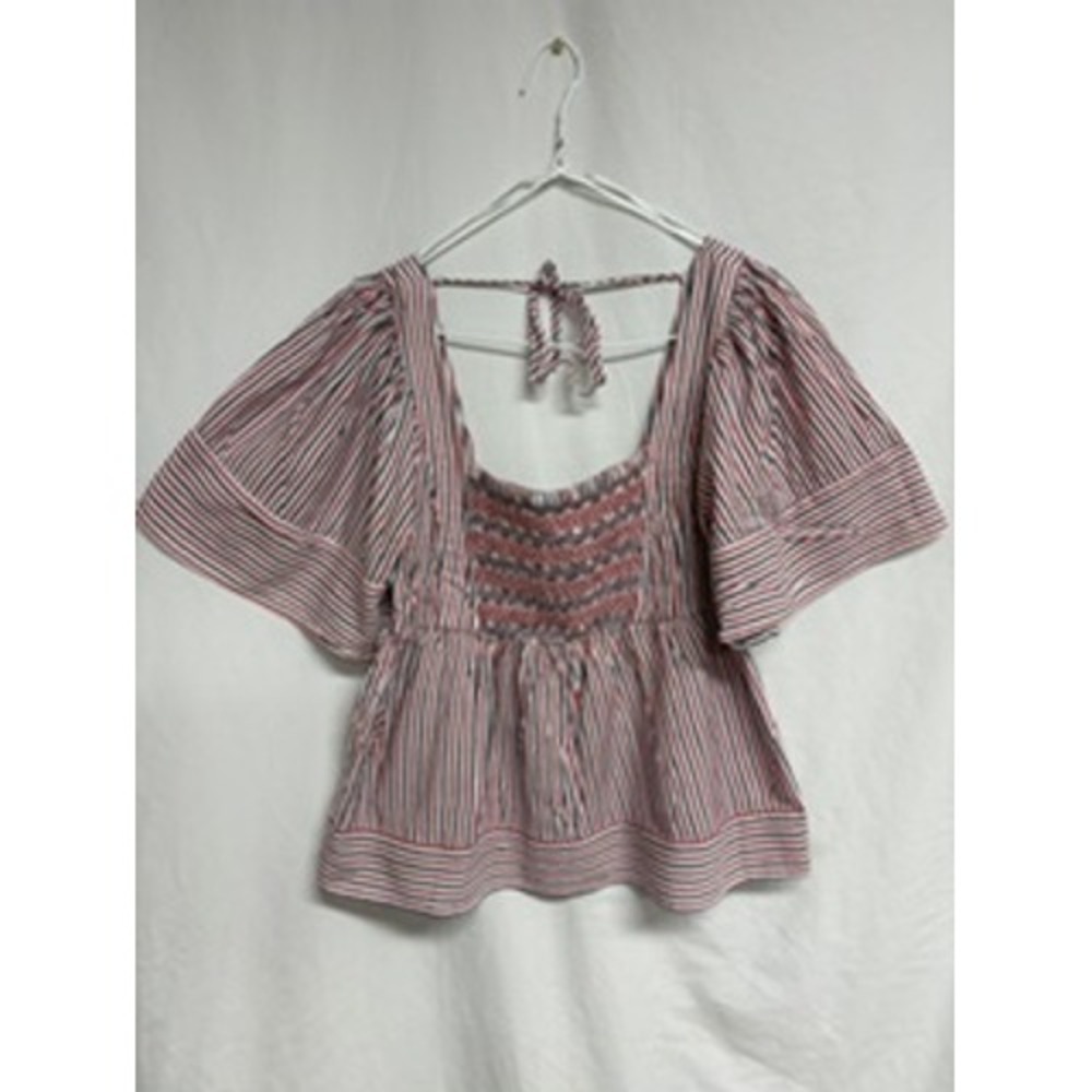 Old Navy Womens Red White Blue Striped Smocked Peplum Top Flutter Sleeve Medium